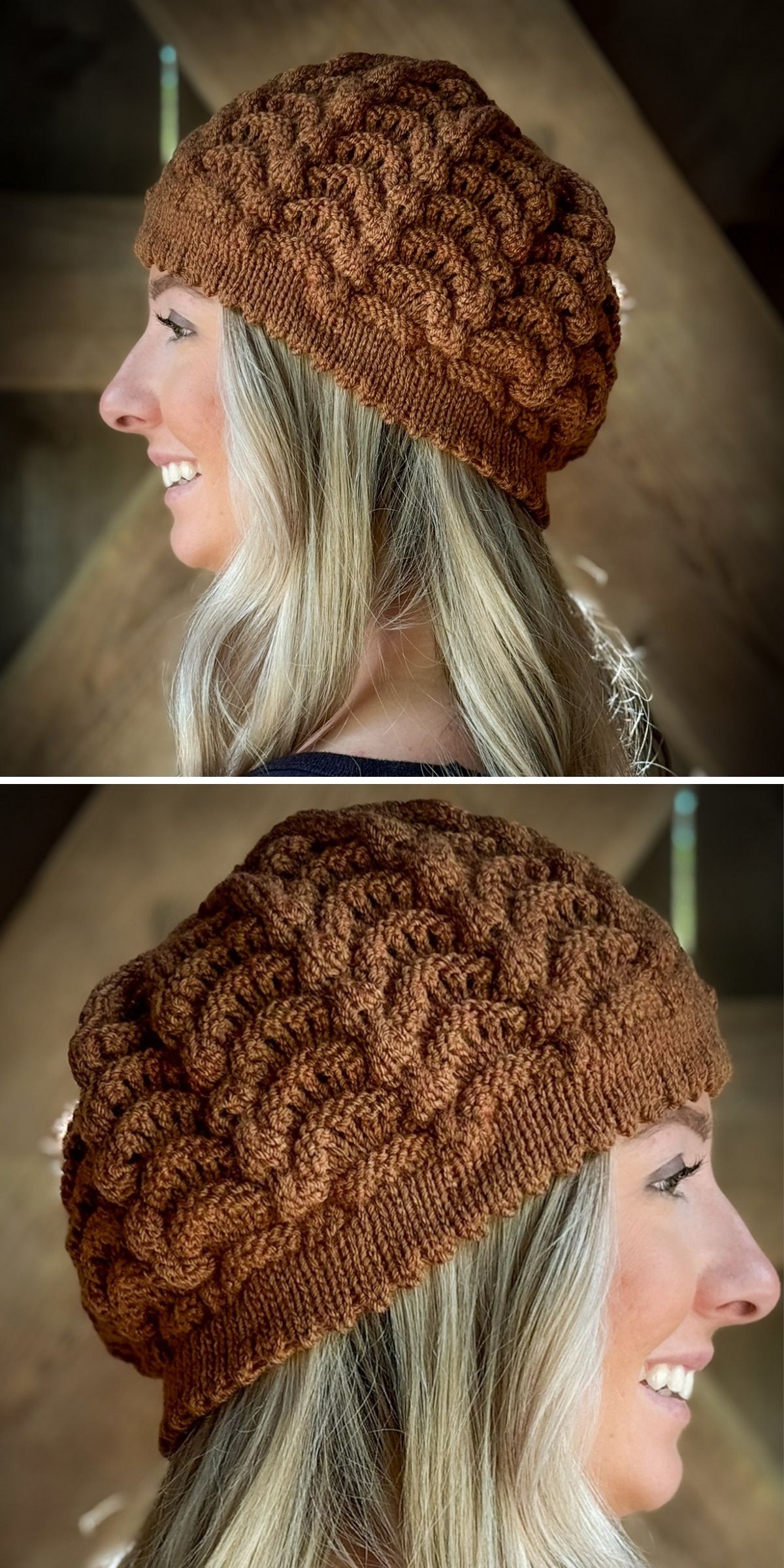 Woman wearing a textured, brown knitted hat with a chunky cable pattern, shown from the side in two different images.