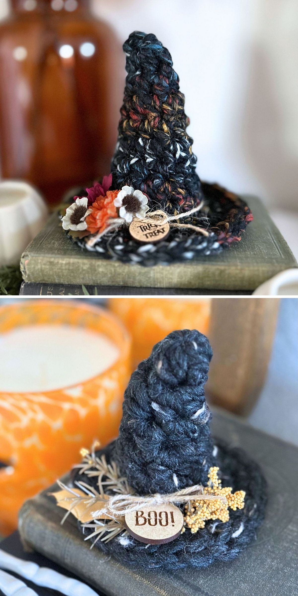 Two small, crocheted witch hats decorated with faux flowers, foliage, and wooden tags reading “Boo!” and “Trick or Treat,” displayed on books with autumn-themed decor in the background.