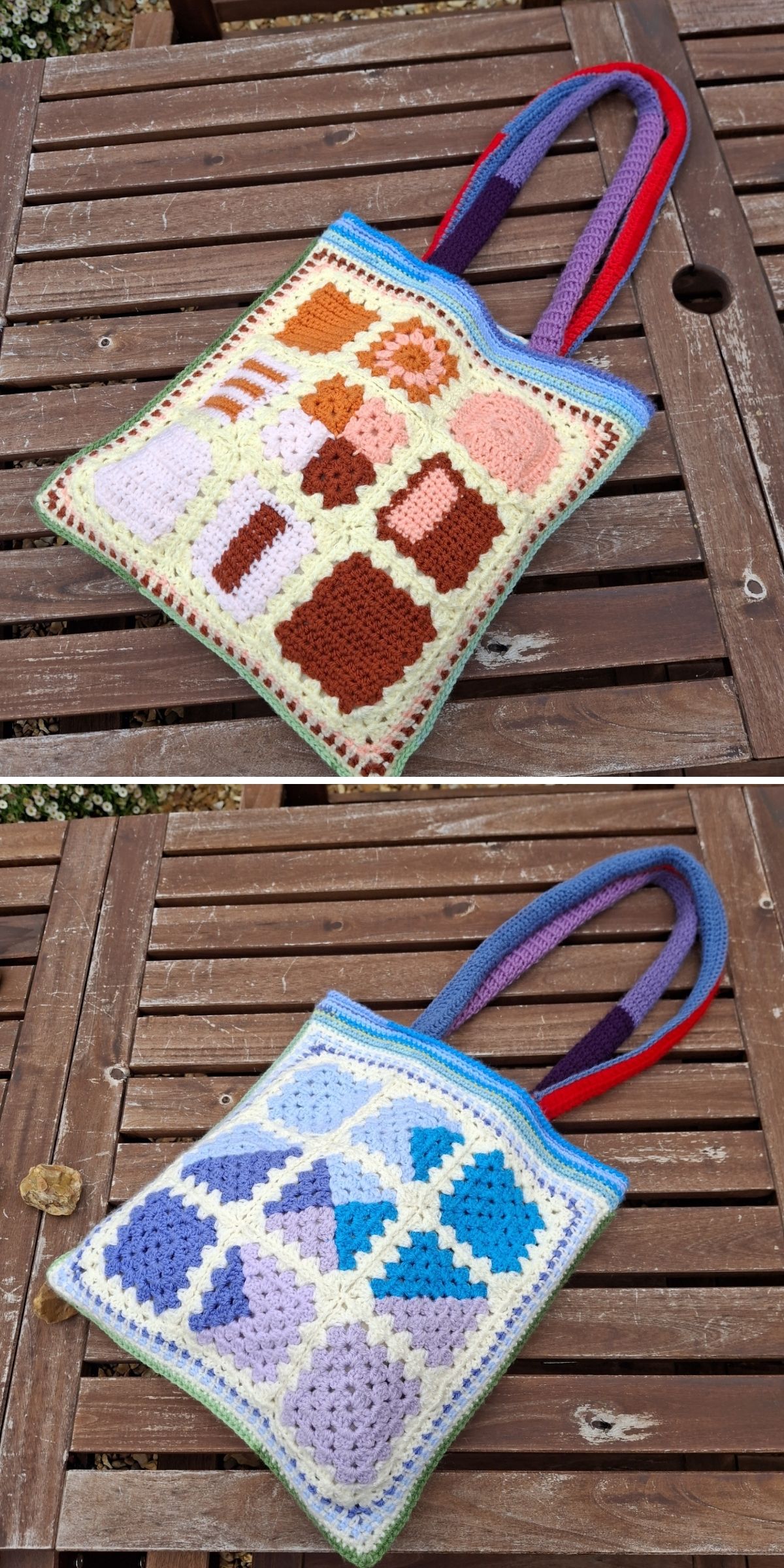 Crocheted tote bag with square patterns in pink, brown, and cream on one side and blue and purple shades on the other, placed on a wooden table.