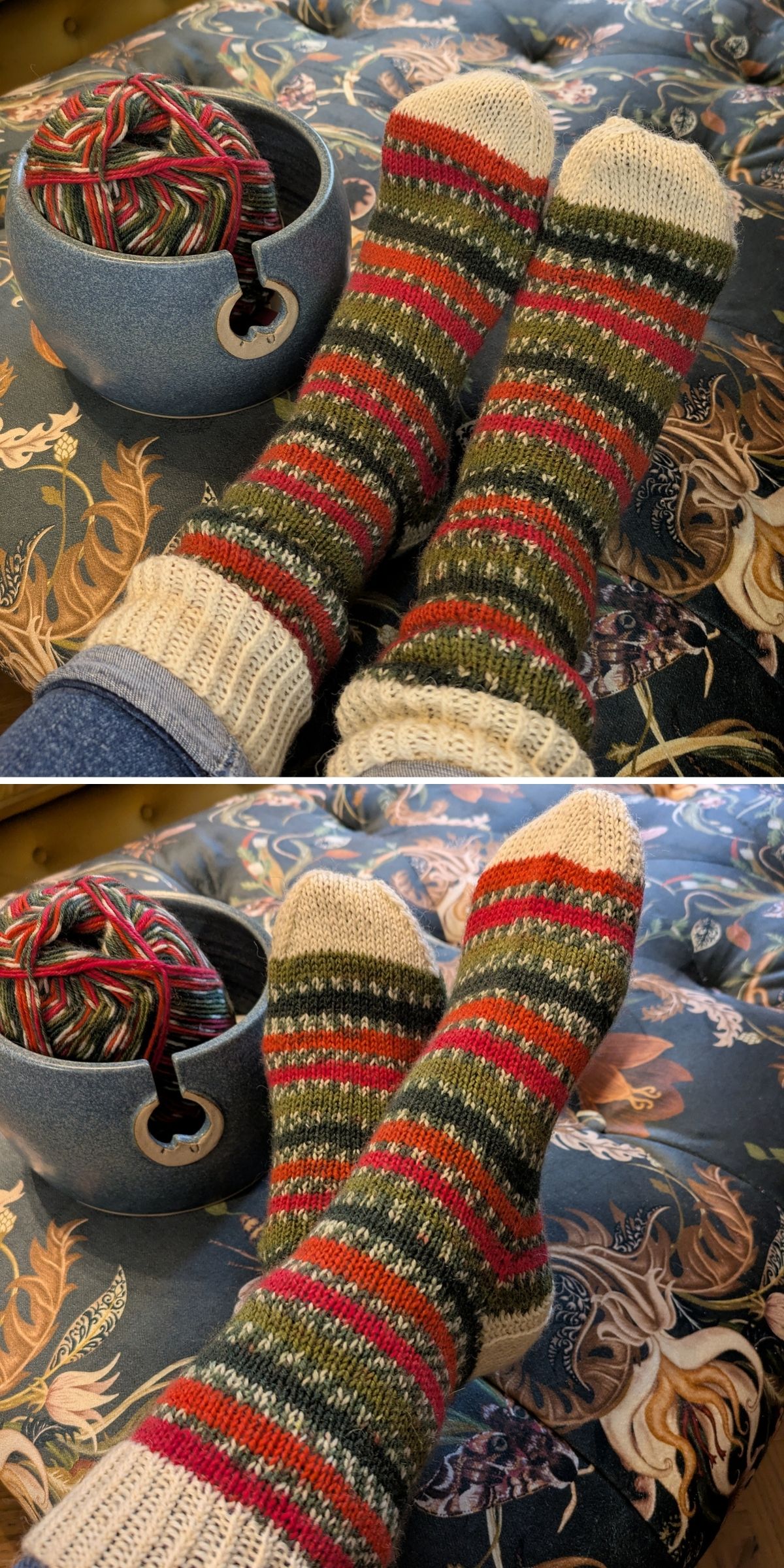 Two images show feet in knitted socks with red, green, and cream stripes, resting next to a blue yarn bowl with matching yarn on a patterned fabric surface—a perfect showcase for your favorite sock knitting pattern.
