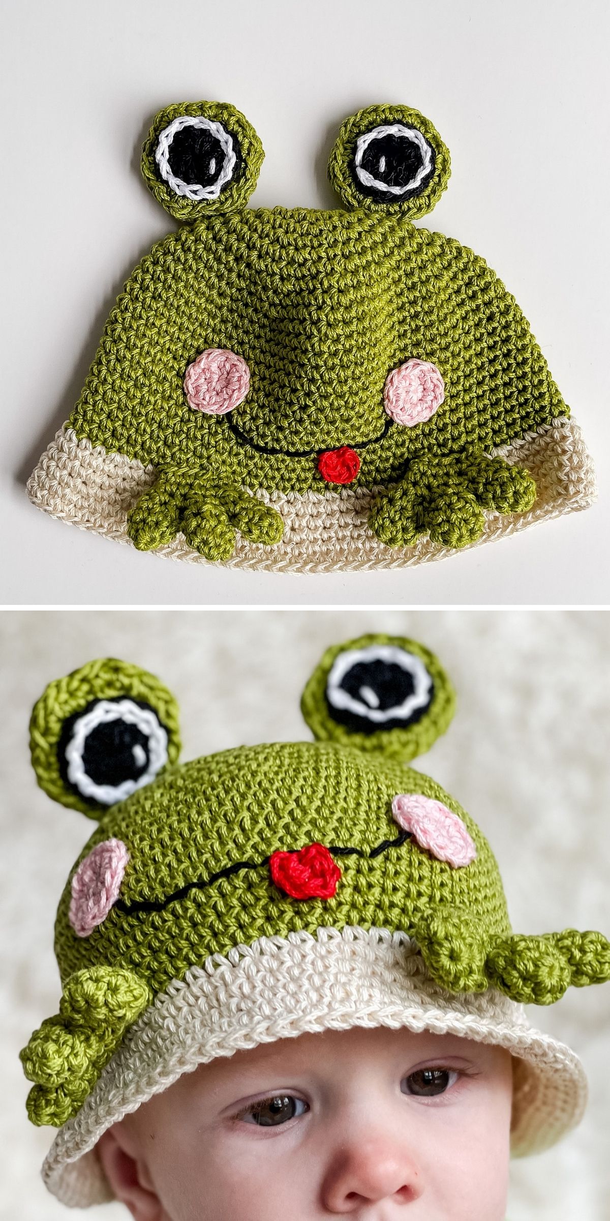 Crocheted green frog hat with big eyes and a smile, this funny crochet hat is shown alone and worn by a baby.