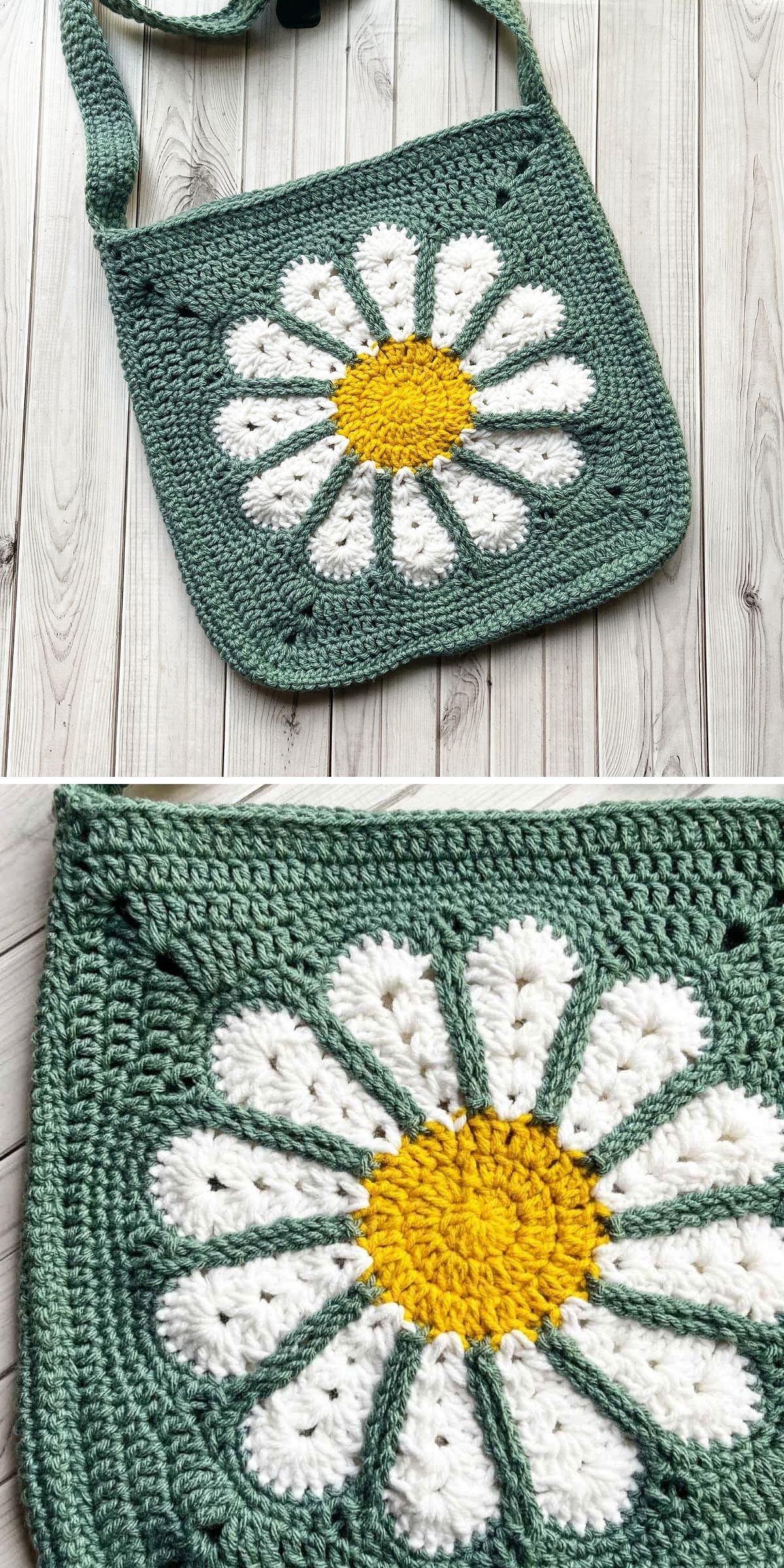 A sage green crochet granny square bag featuring a large white and yellow daisy motif.