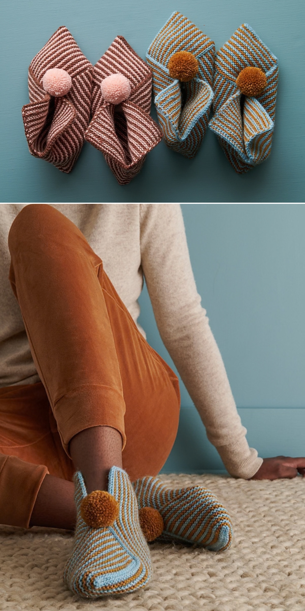 Two pairs of knitted slippers with pom-poms, one pink and one blue, show off a cozy sock knitting pattern as someone wears the blue pair, relaxing on a textured rug.