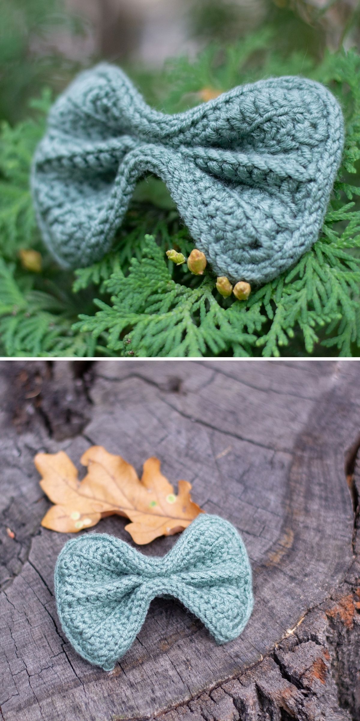 A sage green crochet bow placed on evergreen branches in the top image and on a wooden stump next to a dry oak leaf in the bottom image.