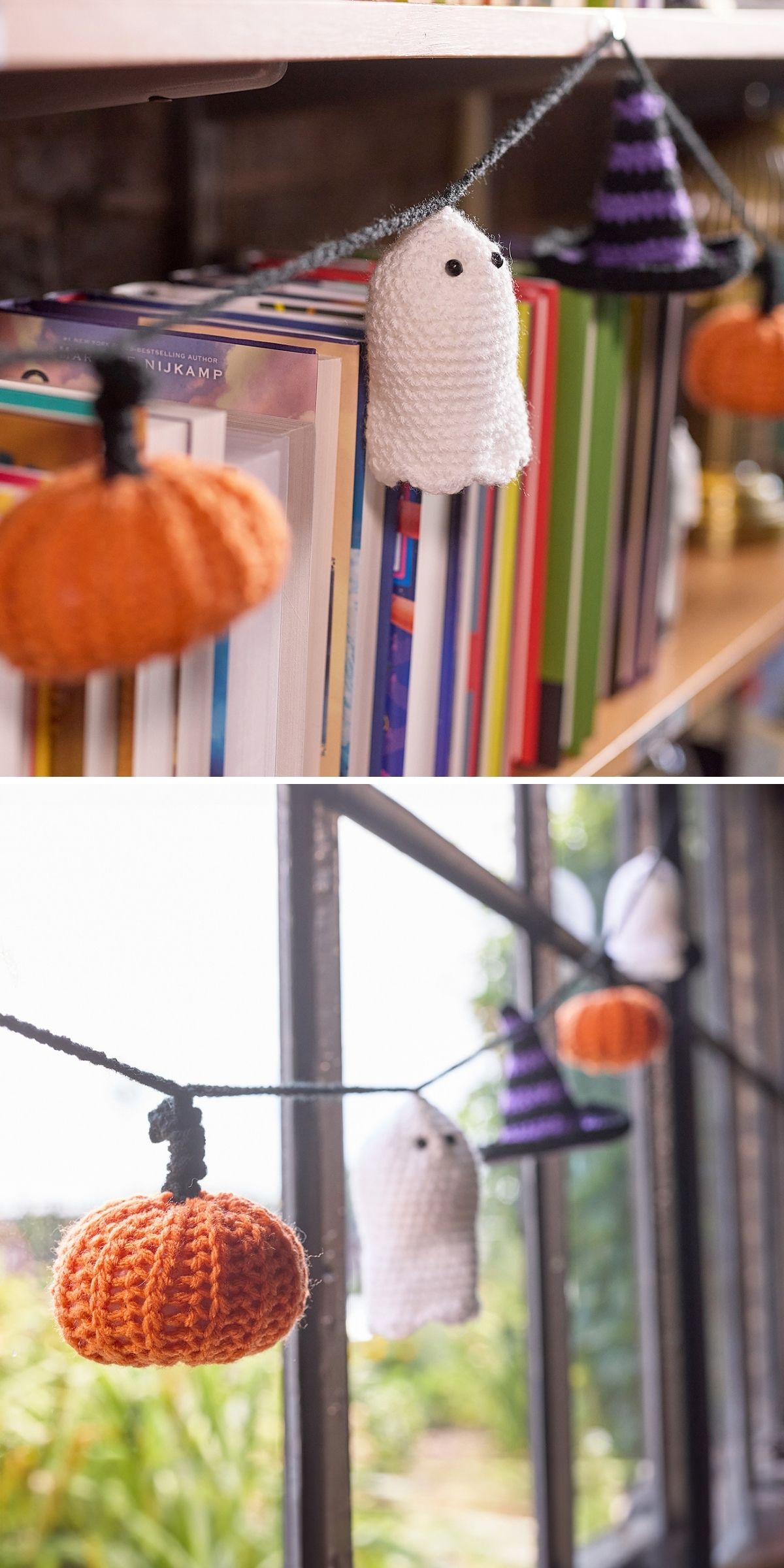 Two views of a yarn garland with crocheted pumpkins, ghosts, and witch hats hanging across shelves of books and a window.