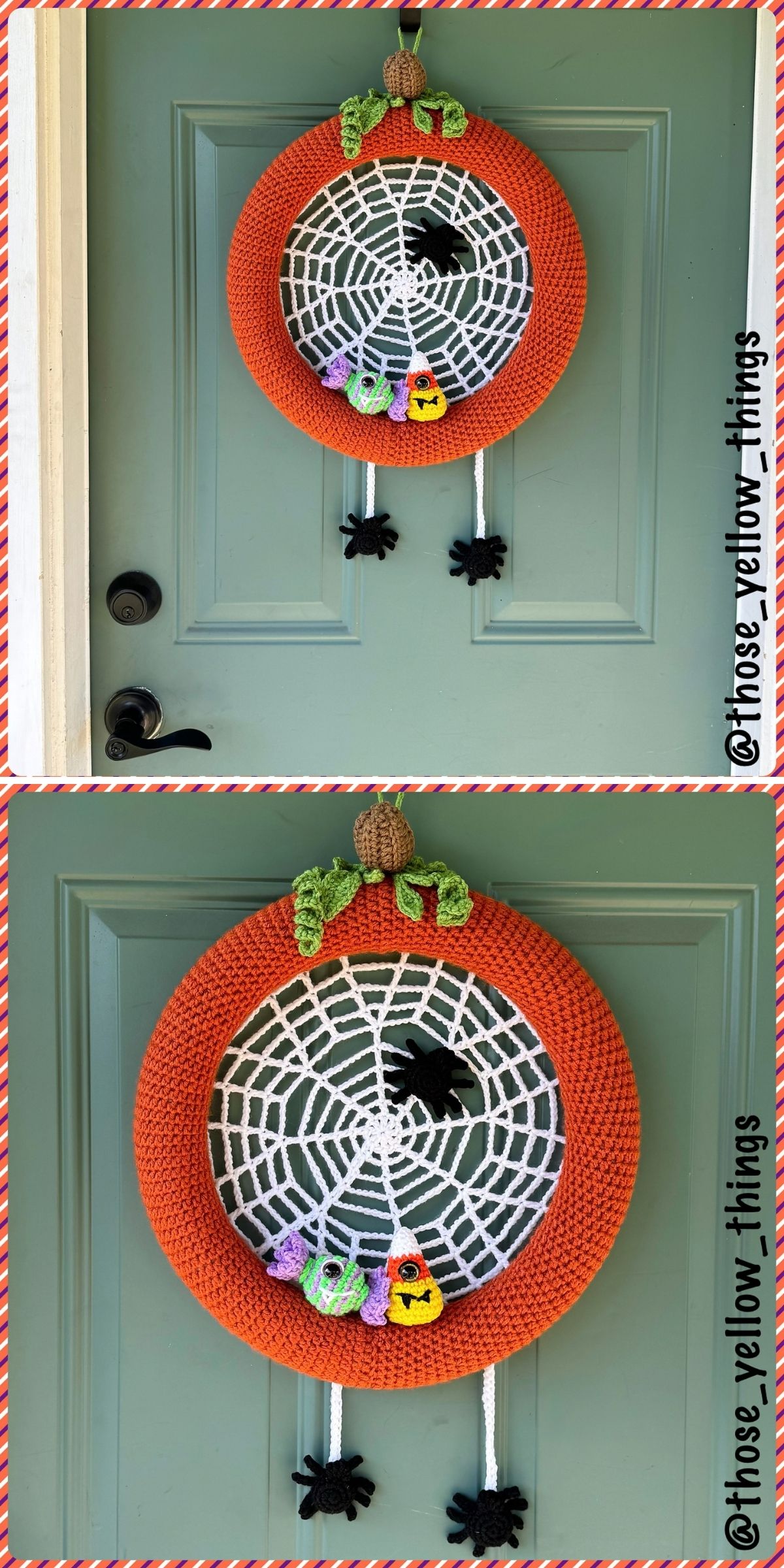 A halloween crochet wreath shaped like a pumpkin with a white web, small spiders, and candy corn decorations hanging on a green door.