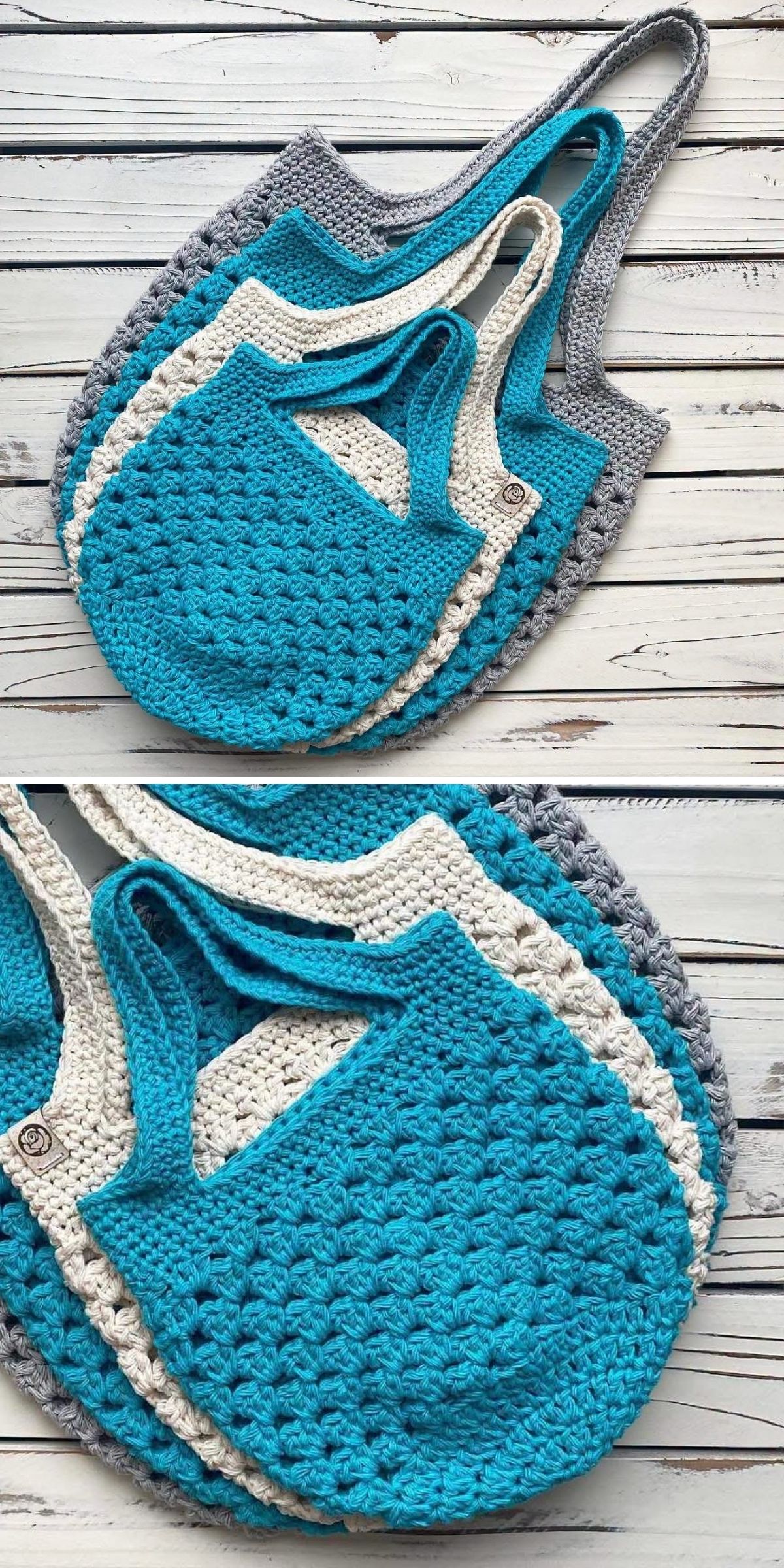 Four crochet grocery bags in blue, white, and gray, nested inside each other, displayed on a white wooden surface.