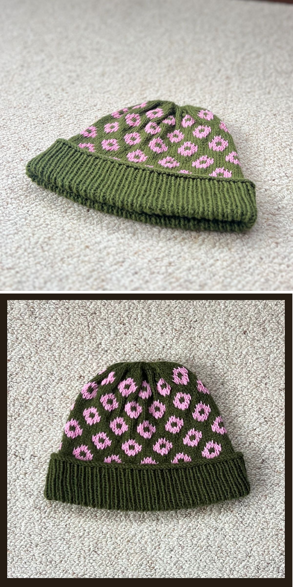 A knit baby hat with a green brim and pink spotted pattern lies on a beige carpet.