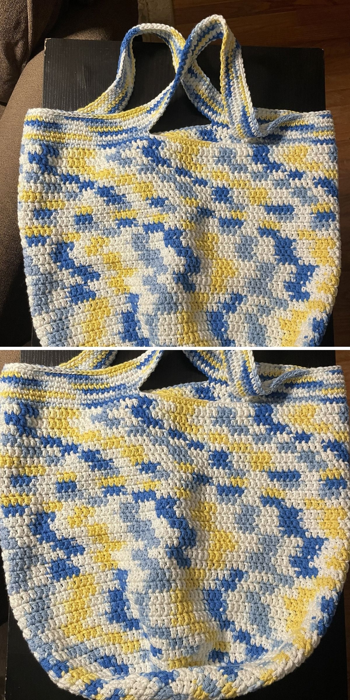 Two views of a handmade crochet grocery bag featuring a variegated pattern of yellow, blue, and white yarn.