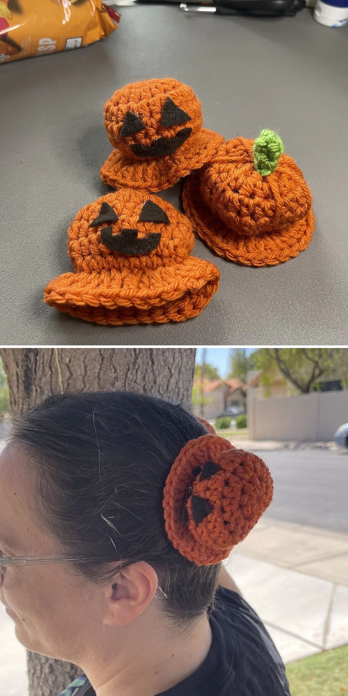 Two photos: crocheted pumpkin hats with jack-o’-lantern faces on a table, and a person wearing one as a hair accessory outdoors.