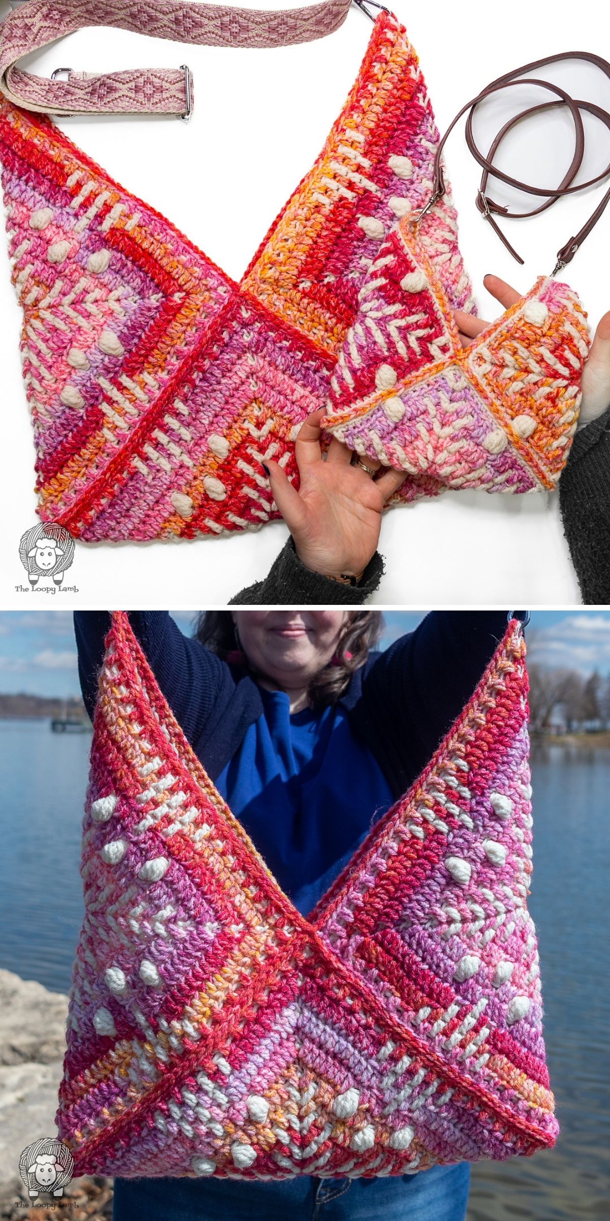 Two pink, orange, and white crochet  bags with geometric patterns are shown; one image displays them side by side, while the other shows a person holding the larger granny square bag outdoors by water.