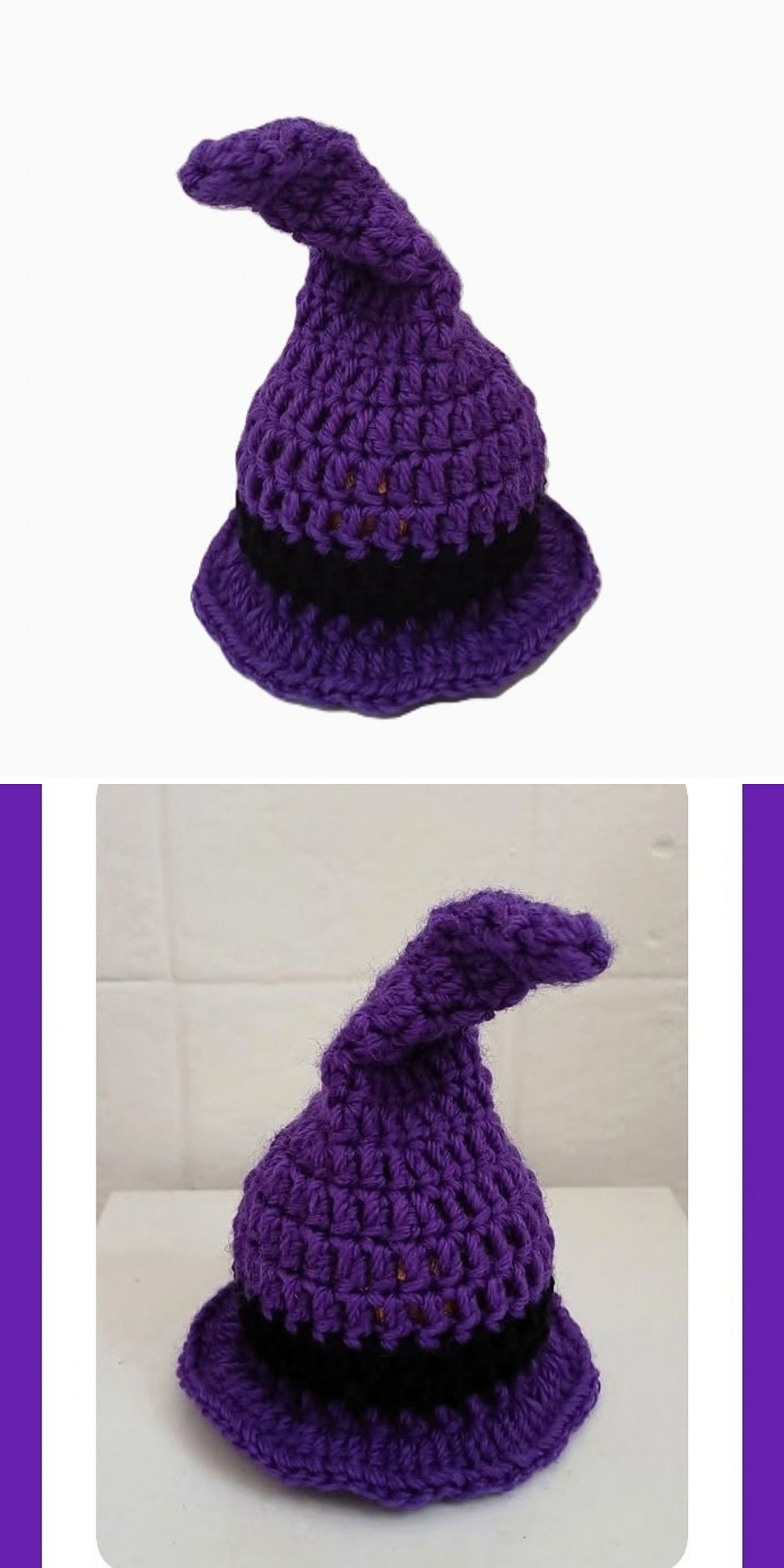 Two views of a small, halloween crochet purple witch hat with a black band and a floppy, pointed tip, shown on plain backgrounds.