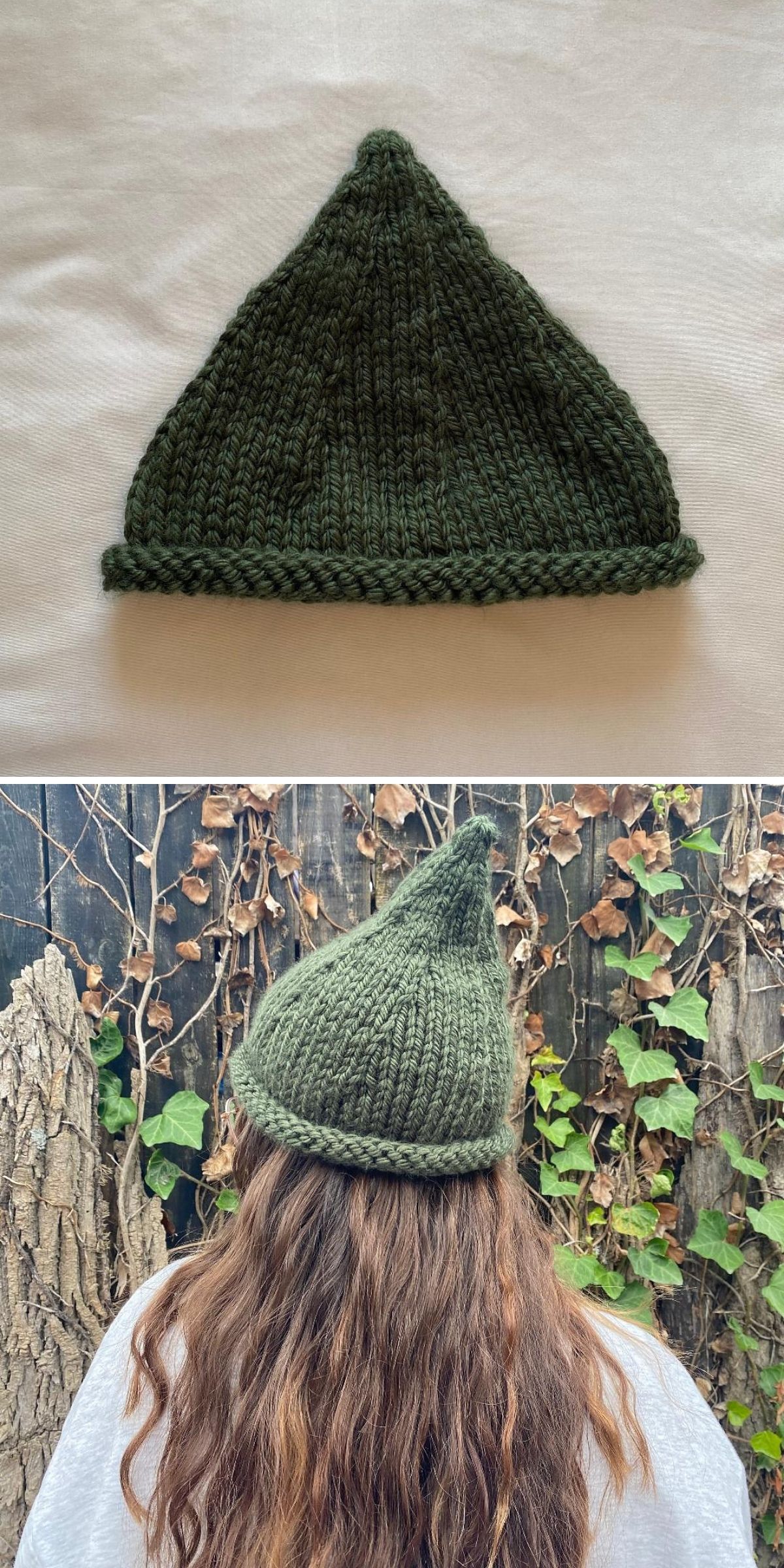 A hand-knit, dark green pointed hat—similar in cozy style to a knit baby hat—is shown on a flat surface and worn by a person with long brown hair standing in front of vines.