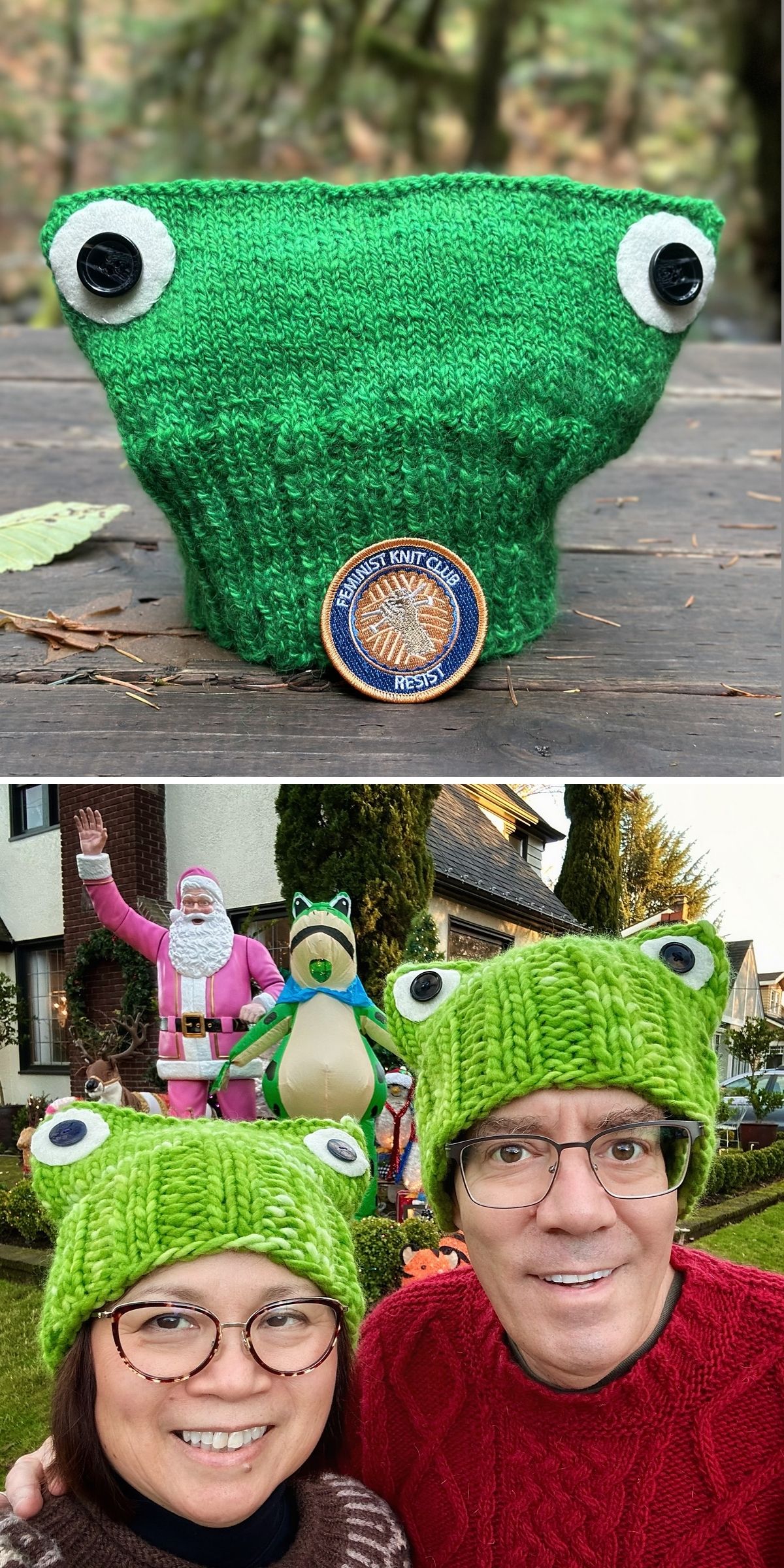 Two people wearing green knit frog hats; one is a knit baby hat shown close-up above with a knitting badge, festive yard decorations, and an inflatable Santa in the background.