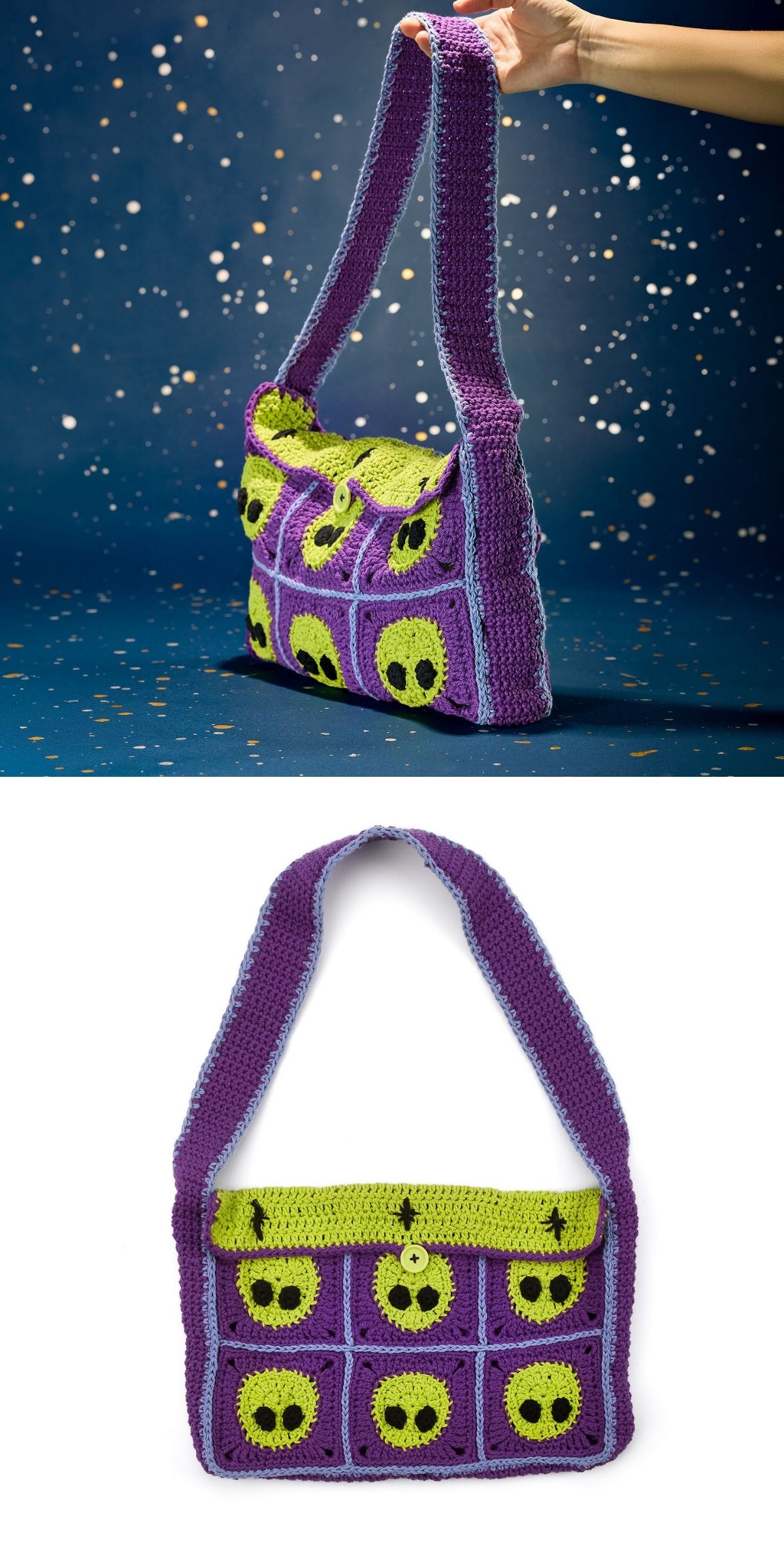A hand holds a halloween crochet shoulder bag adorned with purple and green skull patterns. The bag is shown on a blue background and a plain white background.