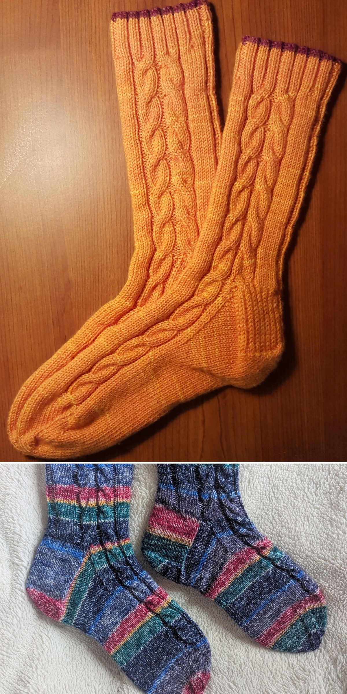 Two pairs of hand-knitted cable-stitch socks; one pair in solid orange and one pair in variegated blue, purple, and pink yarn, each showcasing a classic sock knitting pattern.