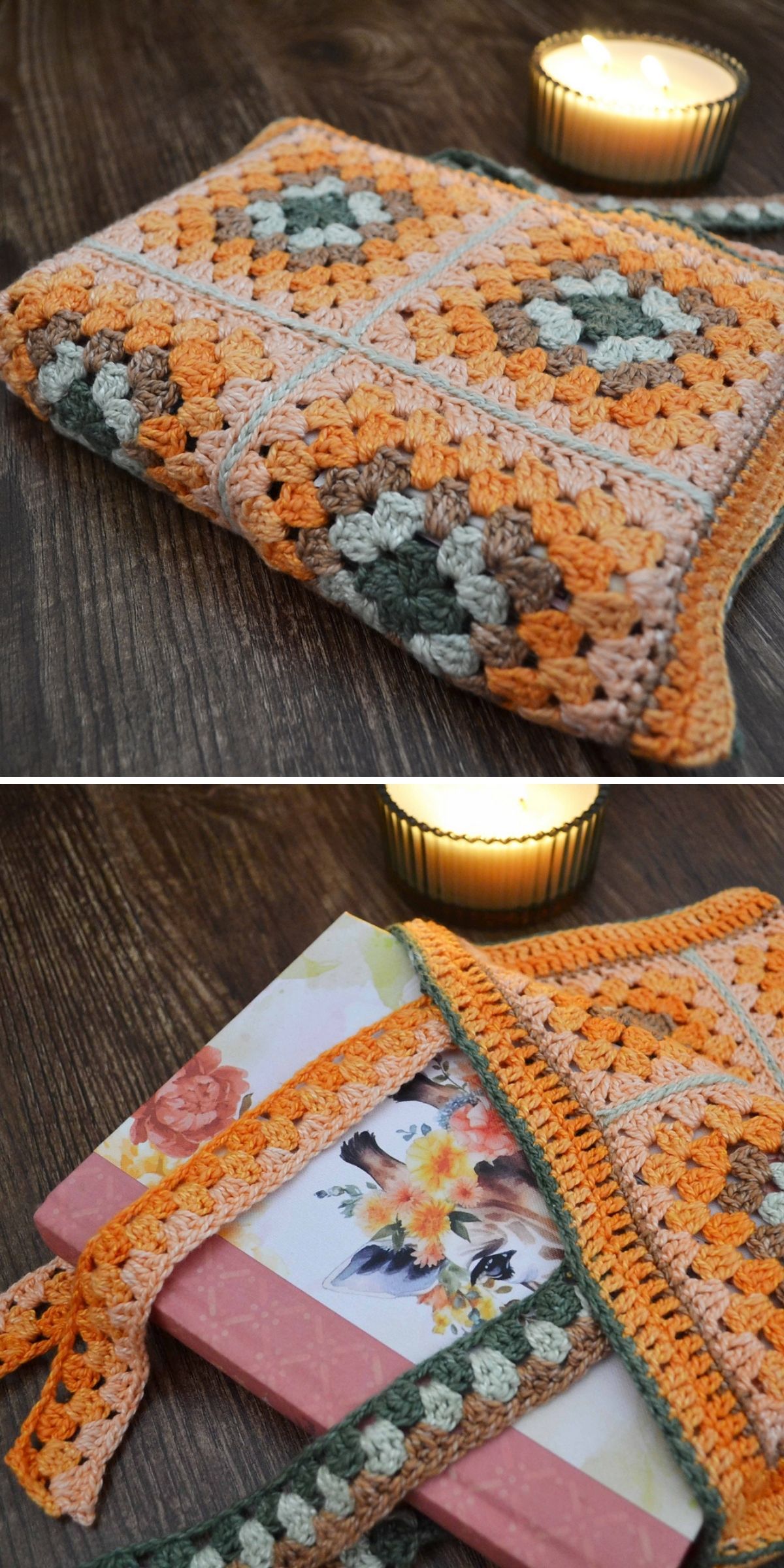 A crocheted pouch with a granny square design is shown closed and open, holding books, next to a lit candle on a wooden surface.