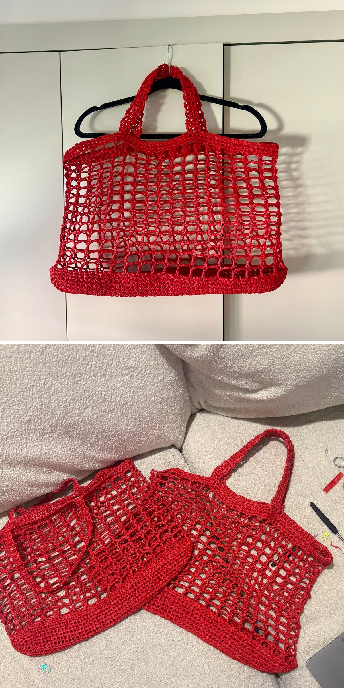 Two red, hand-crocheted mesh bags are displayed; one crochet grocery bag hangs on a hanger while two are laid flat on a light couch.