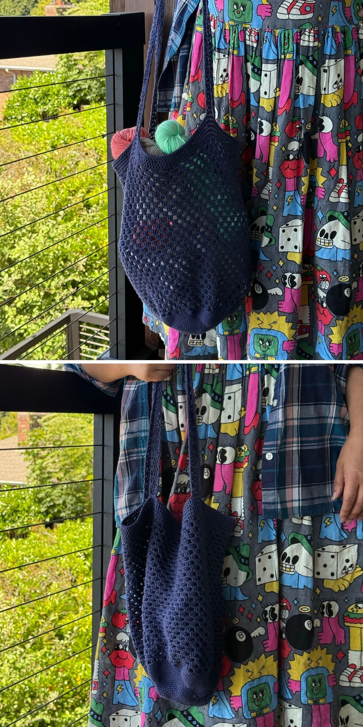 A person wearing a colorful cartoon-print dress holds a dark blue crochet grocery bag, shown from front and back. The bag contains two yarn balls in the first image.