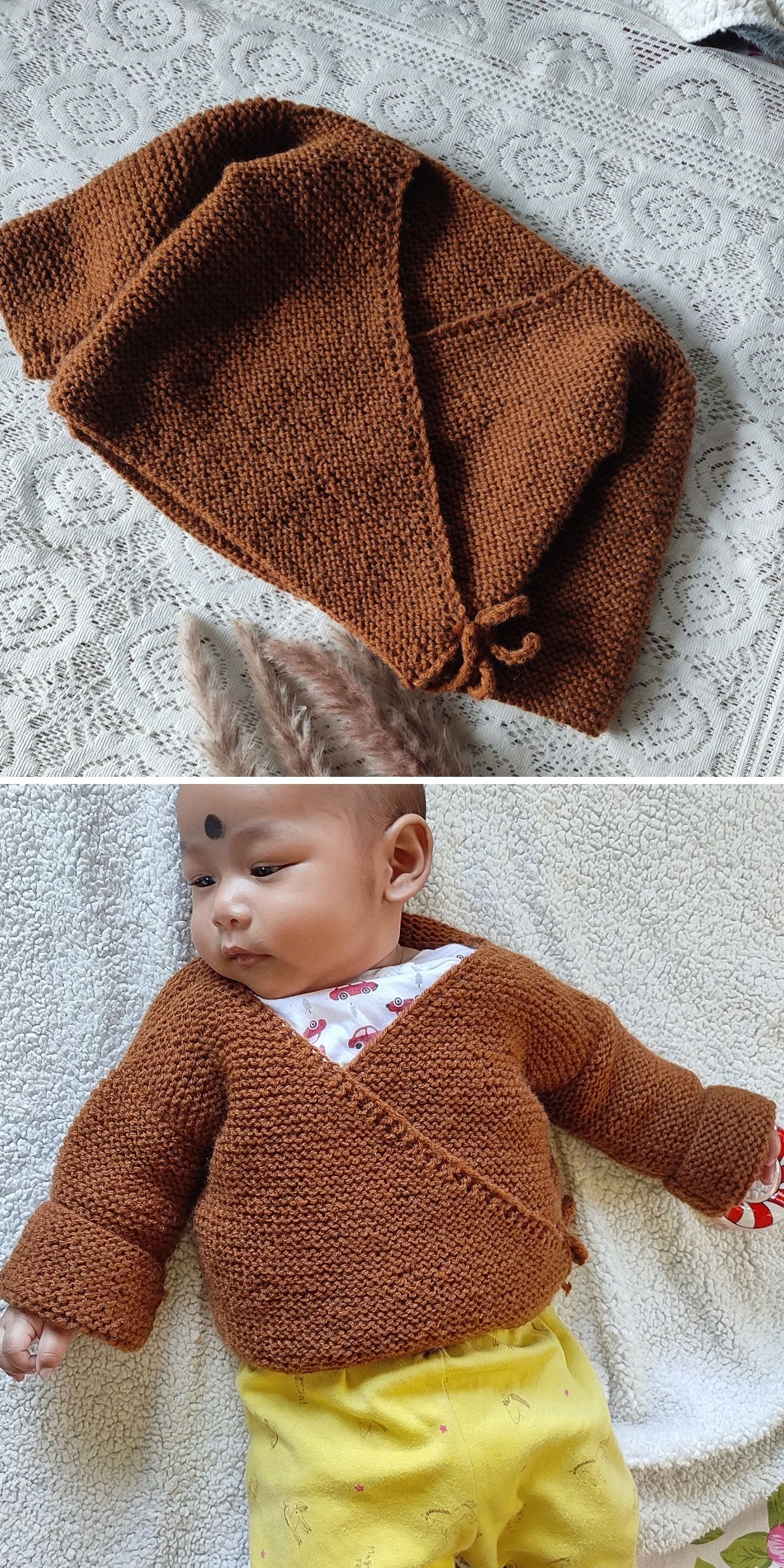 A cozy knit baby cardigan in a warm brown shade is shown folded neatly on a blanket in the first image and worn by a baby in the second image.