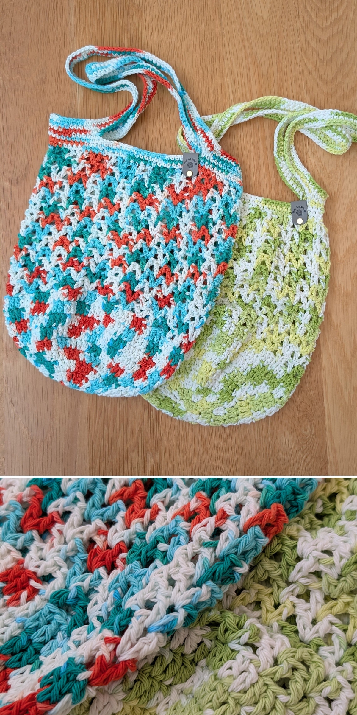 Two crocheted tote bags, perfect as a crochet grocery bag, one in teal, coral, and white and the other in green and white, lie overlapping on a wooden surface; close-up shows the detailed crochet stitches.