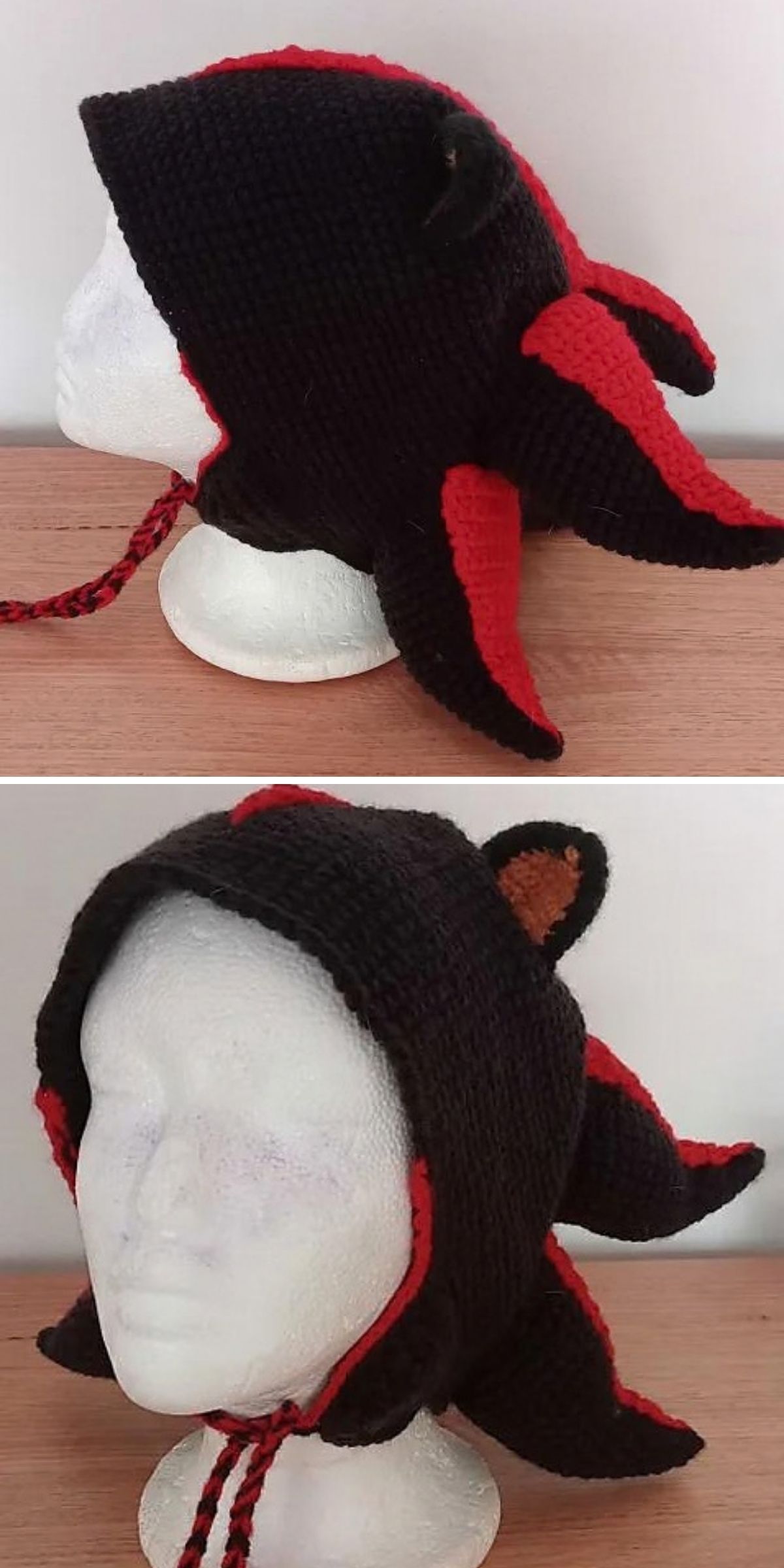 Two views of a funny crocheted Shadow the Hedgehog hood in black and red, displayed on a mannequin head.