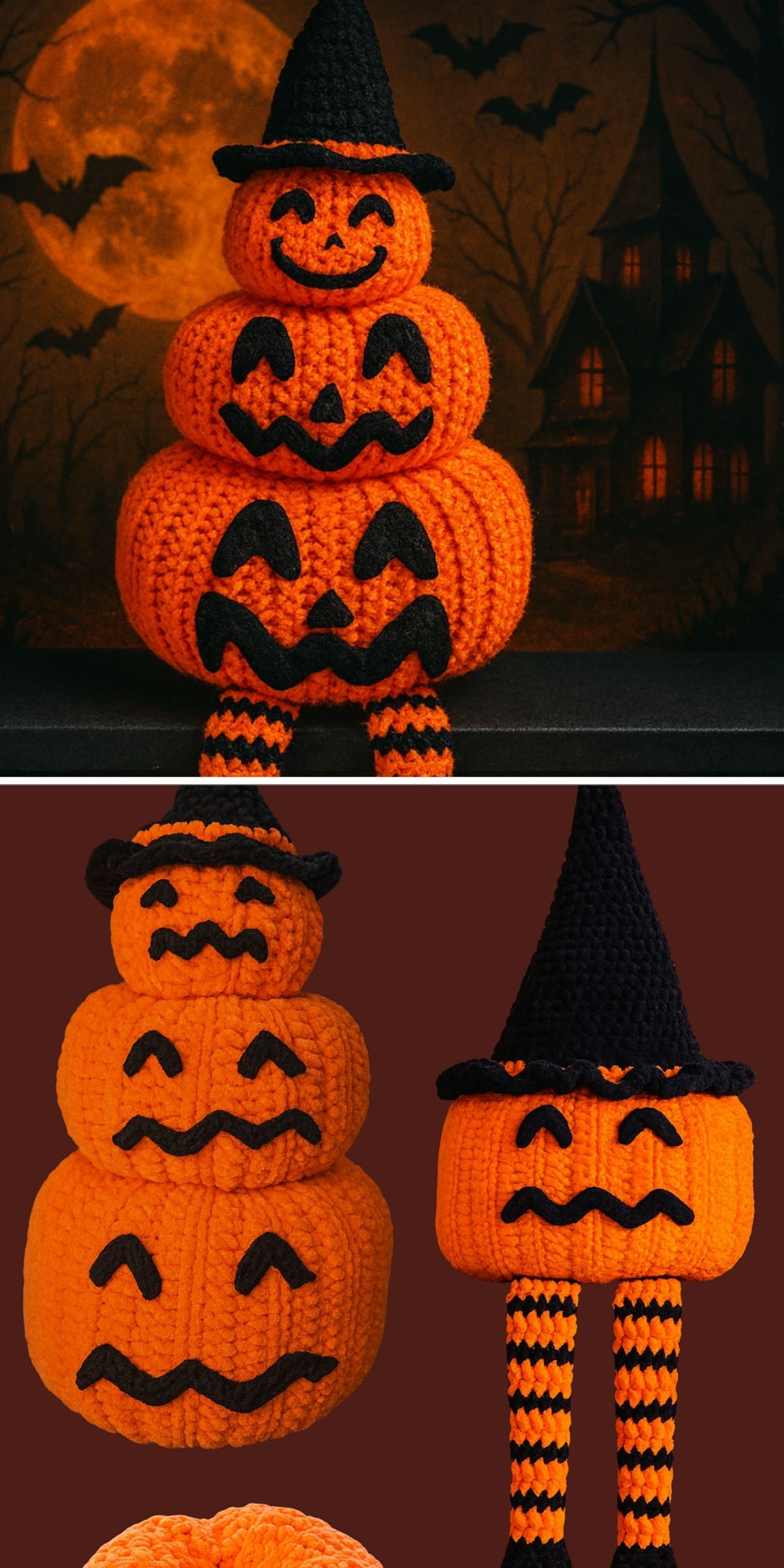 Two images of a stacked, crochet pumpkin figure with a witch hat and striped legs, featuring jack-o’-lantern faces. This charming halloween crochet creation stands out against the spooky house and bats in the background of the first image.