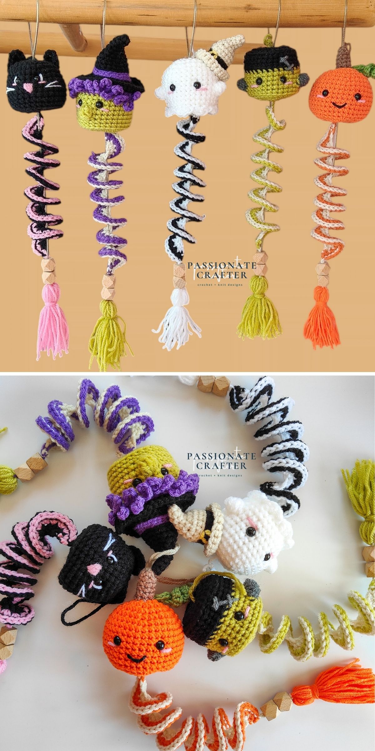 Five hanging crochet windspinners for Halloween featuring a cat, witch, ghost, Frankenstein’s monster, and pumpkin, each with a spiraled tail and tassel.