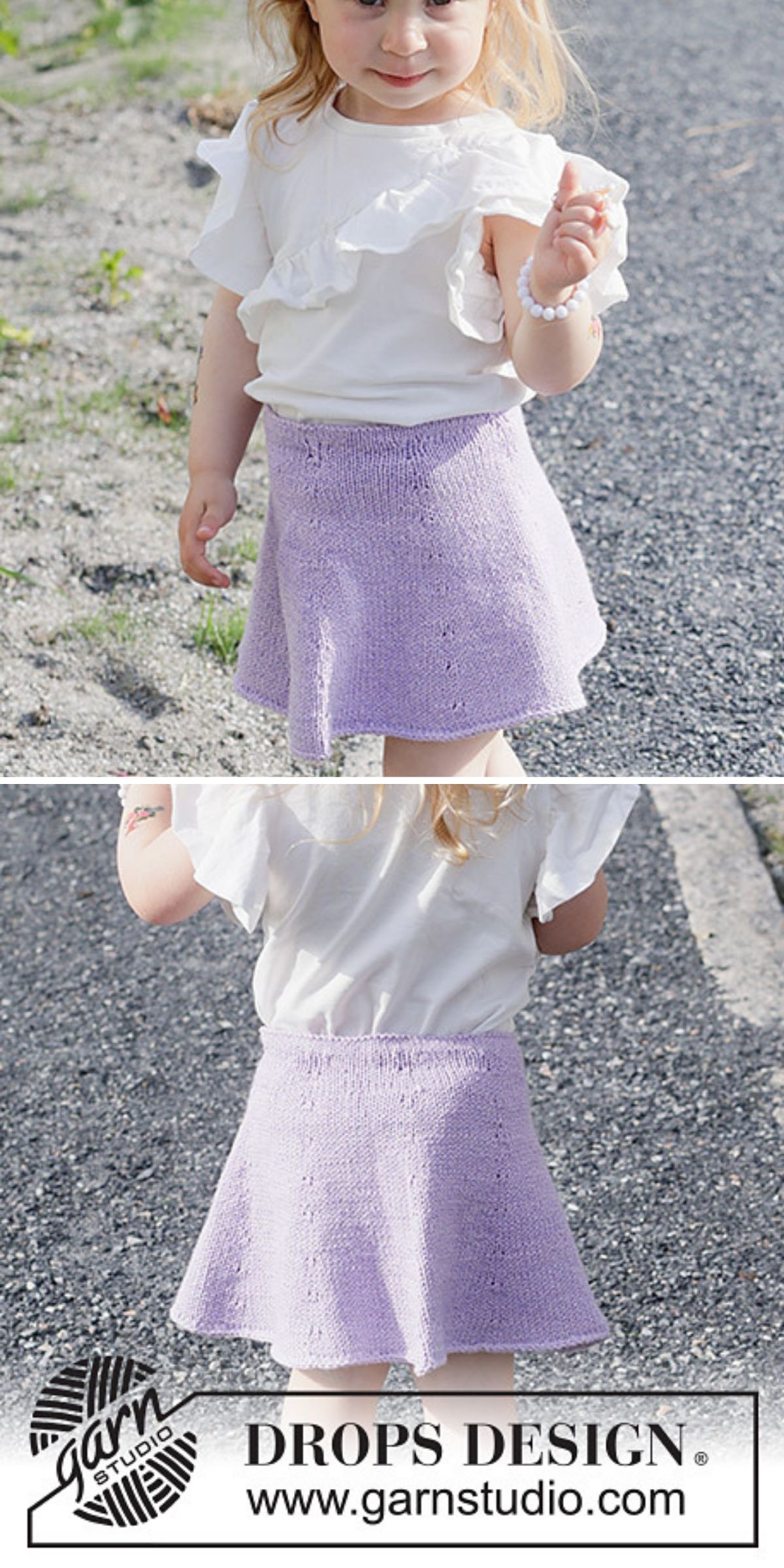 A child wearing a white ruffled top and a lilac knit skirt, shown from both the front and back.