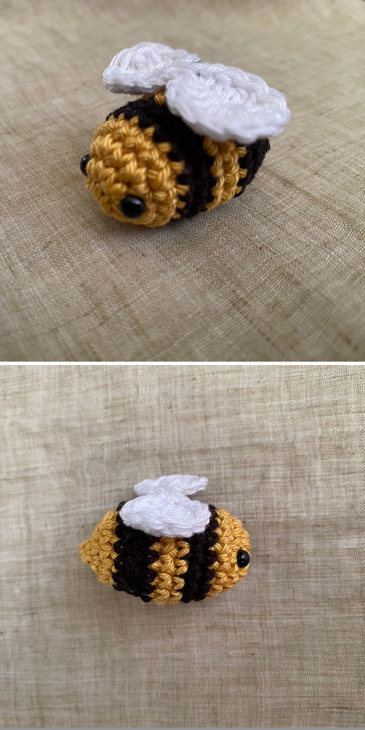 A small crochet bee with yellow and black stripes, white wings, and black eyes, shown from a top and side view on a beige fabric background.