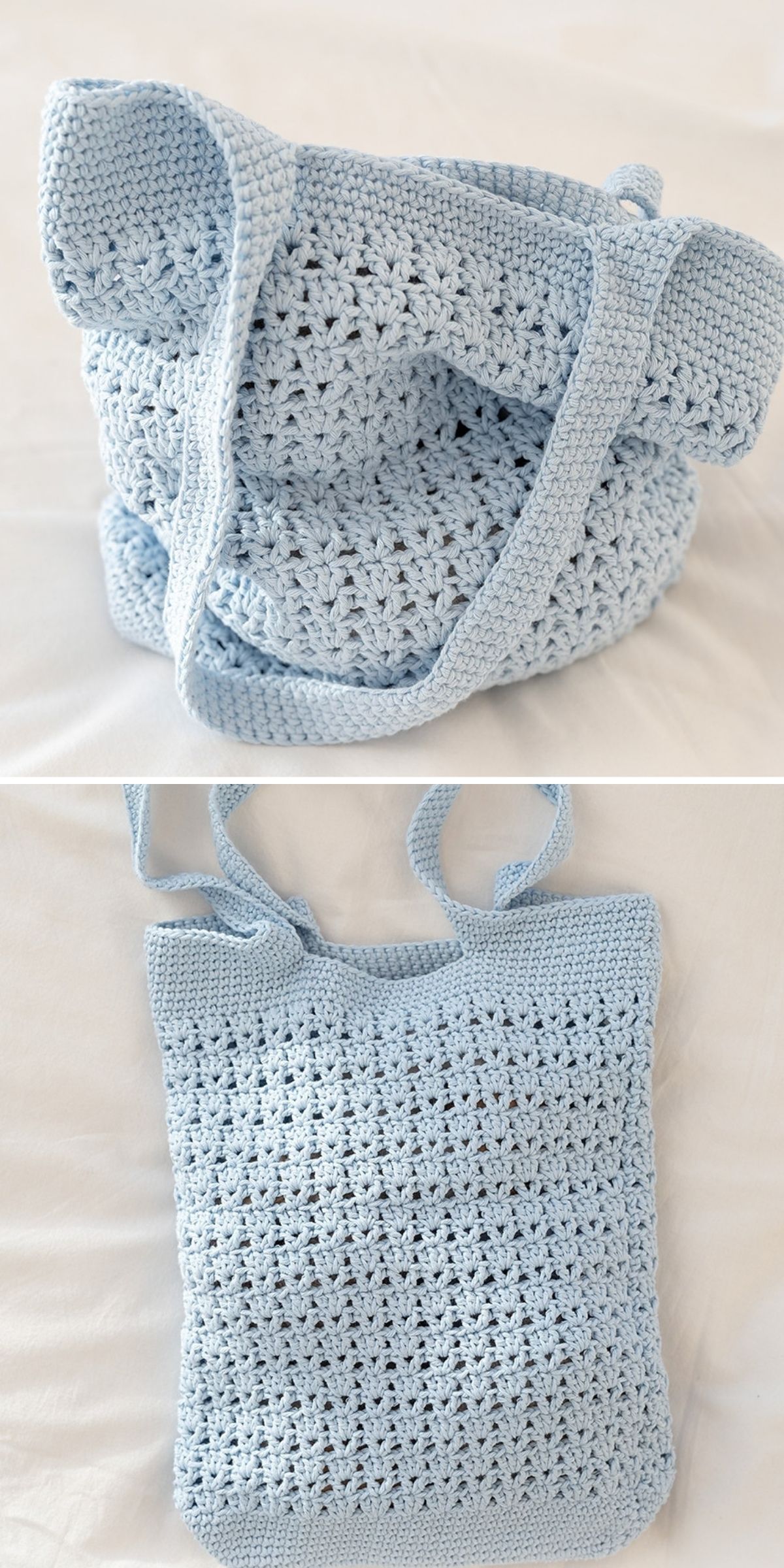 Light blue crochet grocery bag with double shoulder straps, shown from a folded angle and a flat front view.