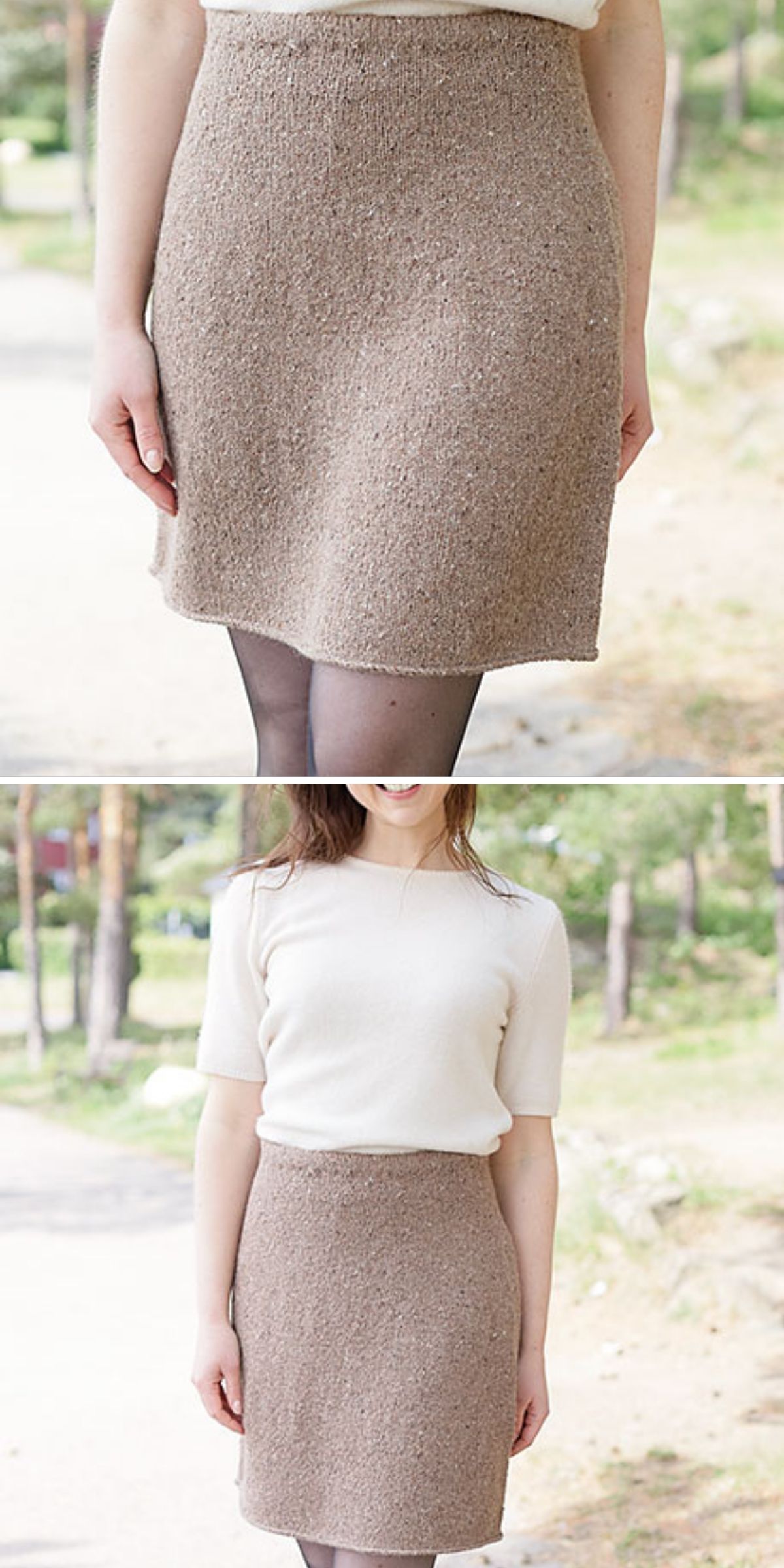A woman stands outdoors wearing a cream short-sleeve top and a textured beige knit skirt, with her hands relaxed at her sides.