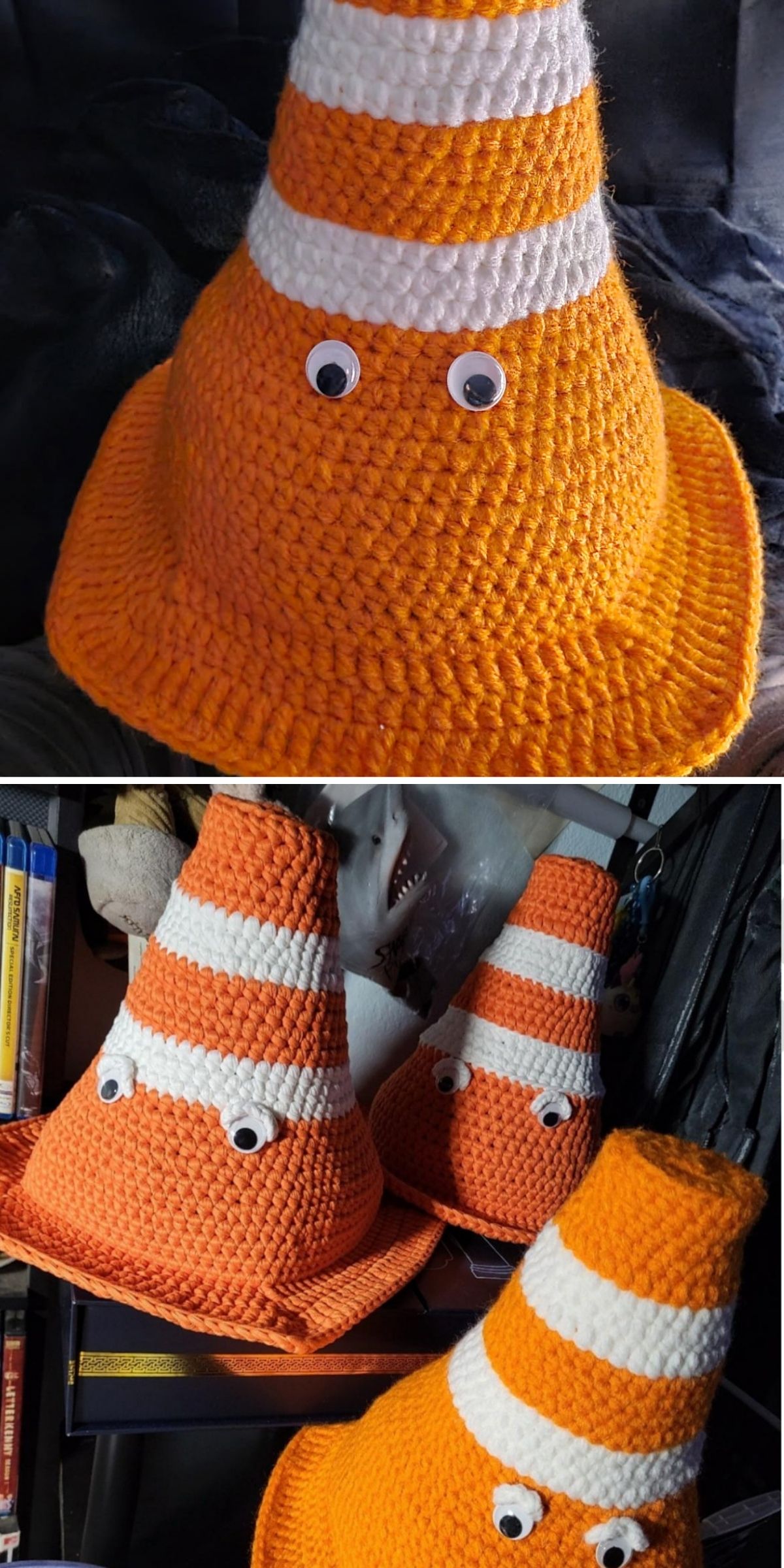 Two photos show funny crochet hats designed as orange and white traffic cones with googly eyes attached, sitting on various surfaces with books and other objects in the background.
