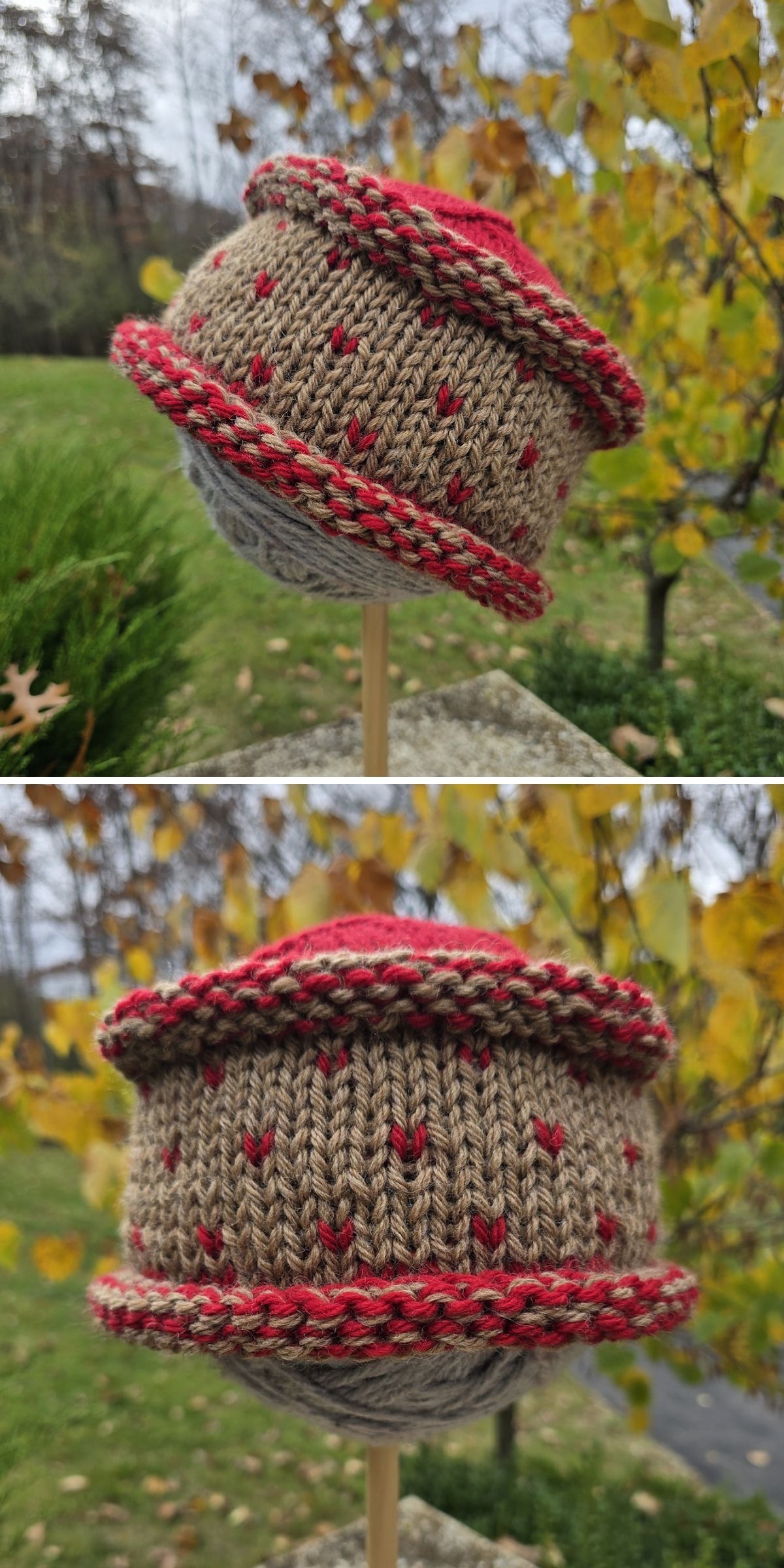 Close-up photos of a hand-knitted, round, brown knitted hat with red accents displayed outdoors on a stand, with trees and grass in the background.