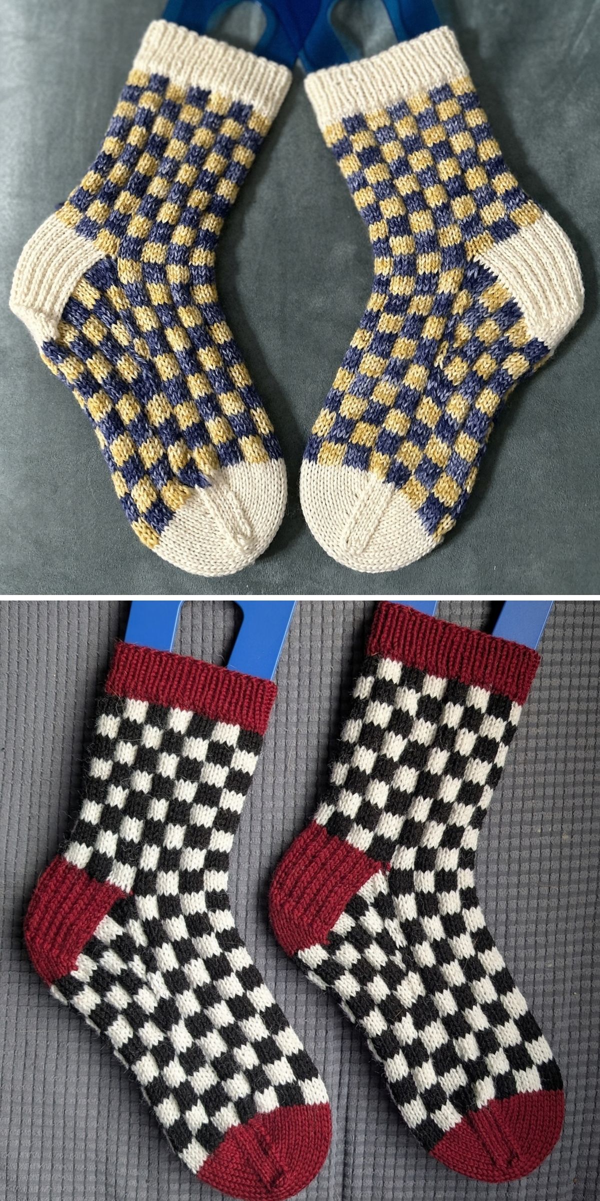 Two pairs of hand-knitted checkerboard socks featuring a classic sock knitting pattern: one pair in blue, yellow, and cream, and one pair in black, white, and red.