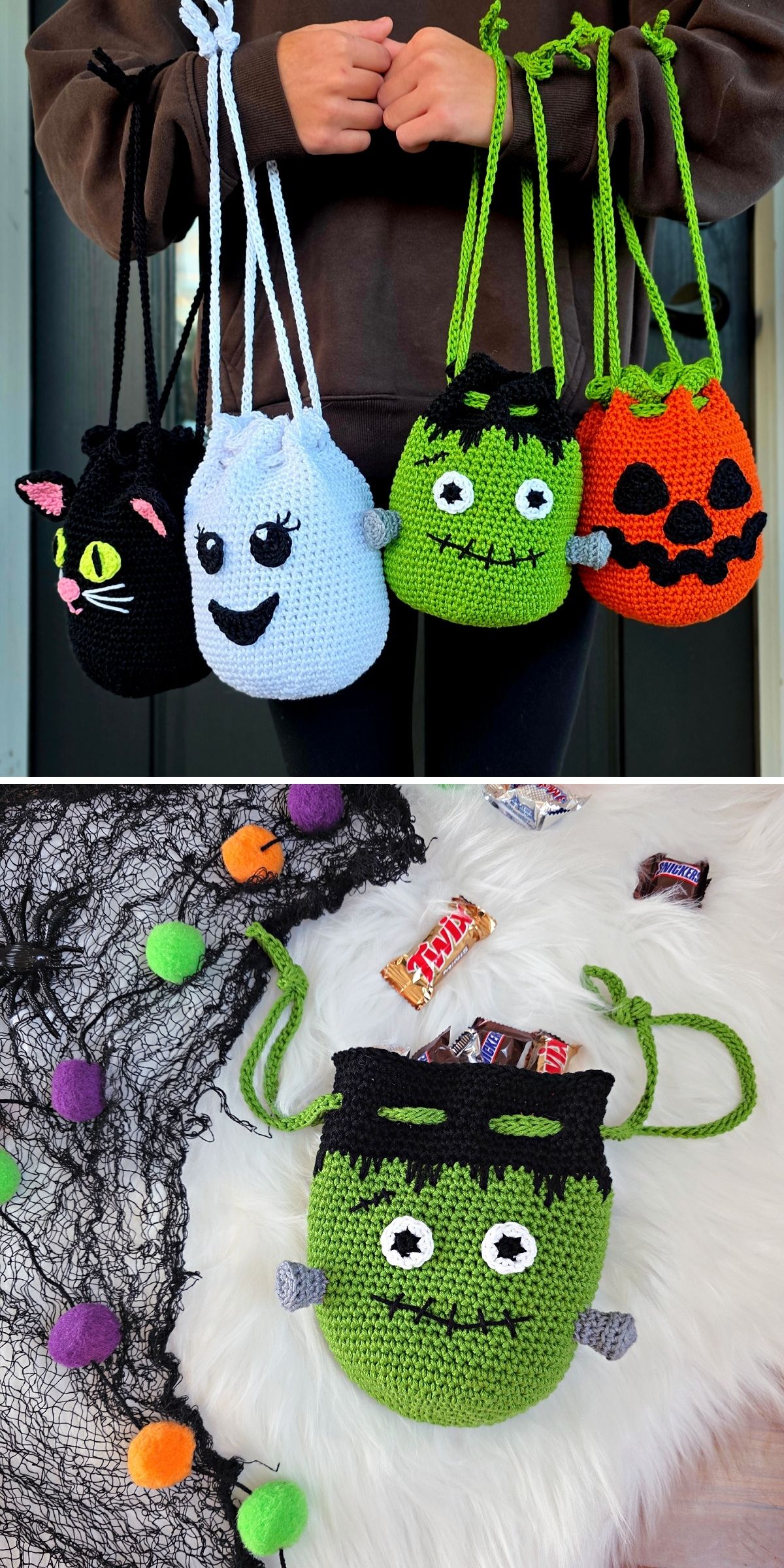 Four Halloween crochet drawstring bags shaped like a black cat, a ghost, Frankenstein’s monster, and a pumpkin, held in a person’s hands and shown individually filled with candy.