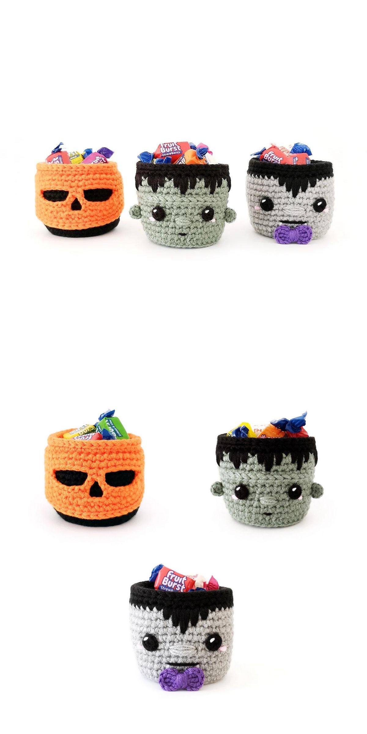 Three Halloween crochet treat baskets featuring a jack-o’-lantern, Frankenstein’s monster, and a vampire, each filled with wrapped candies.