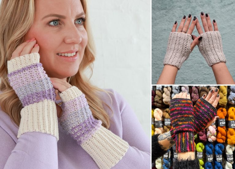 Three examples of crochet fingerless gloves worn on hands.