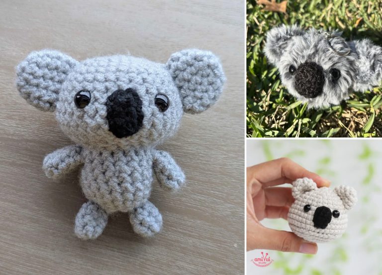 A trio of crochet koala figures, including a full-body plush, a fuzzy head keychain resting in grass, and a koala head held in a hand.