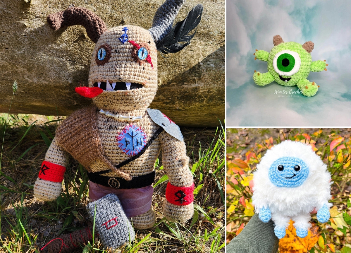 Three crocheted dolls: a Viking-themed crochet monster with a hammer, a green one-eyed monster, and a small white yeti.